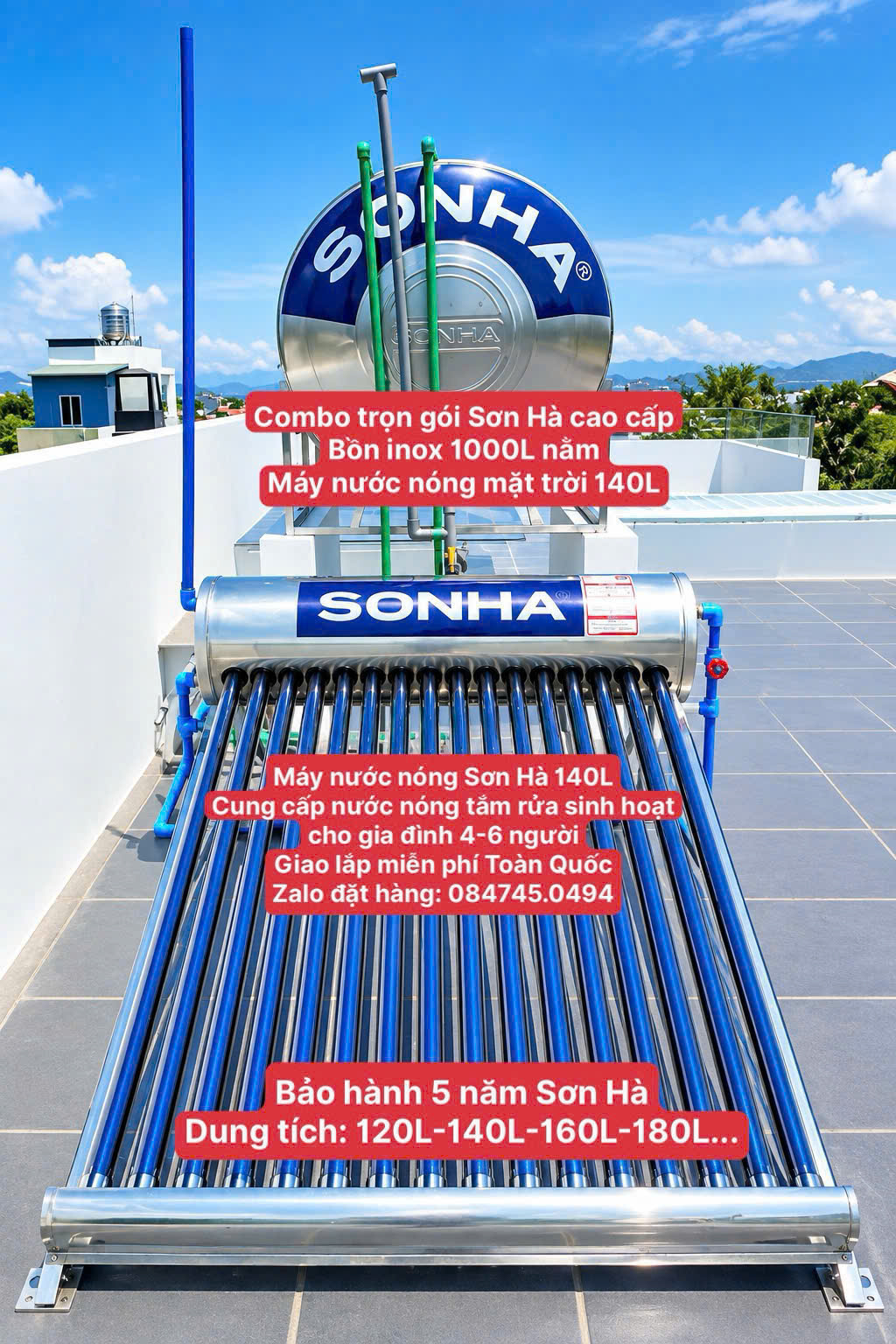 Năng Lượng Mặt Trời 140 lít Sơn Hà cho nhà cấp 4 gd 4-6 người Sài nước máy nhà nước không tên sử dụng bình phụ giao lắp miễn phí Toàn Quốc